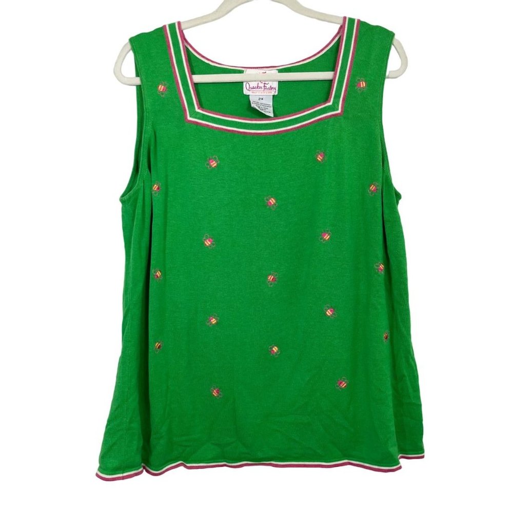 Quacker Factory Green‎ Pink Bee Embroidered Silk Blend Knit Tank Top Preppy - 2X